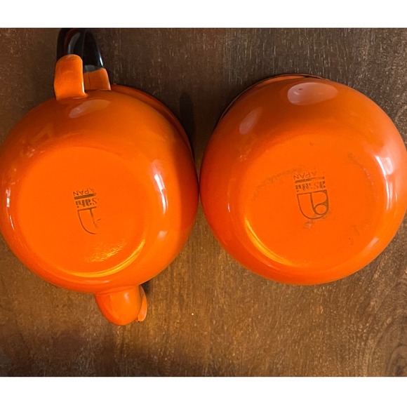 Vintage Orange Enamelware ASAHI Japan Cream and Sugar Orange Black trim - Picture 5 of 8